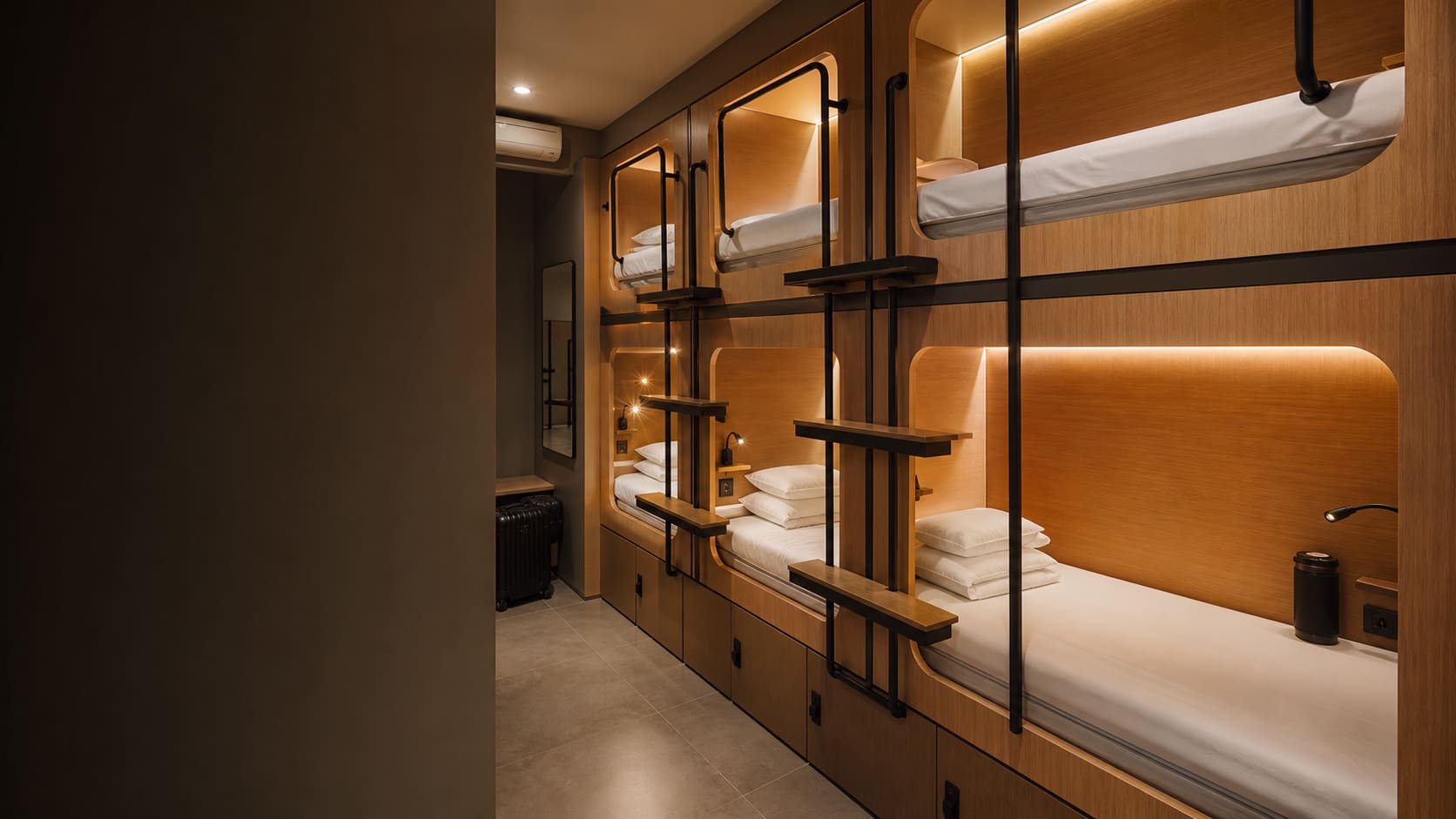 Warmly lit capsule beds at Wink in Singapore